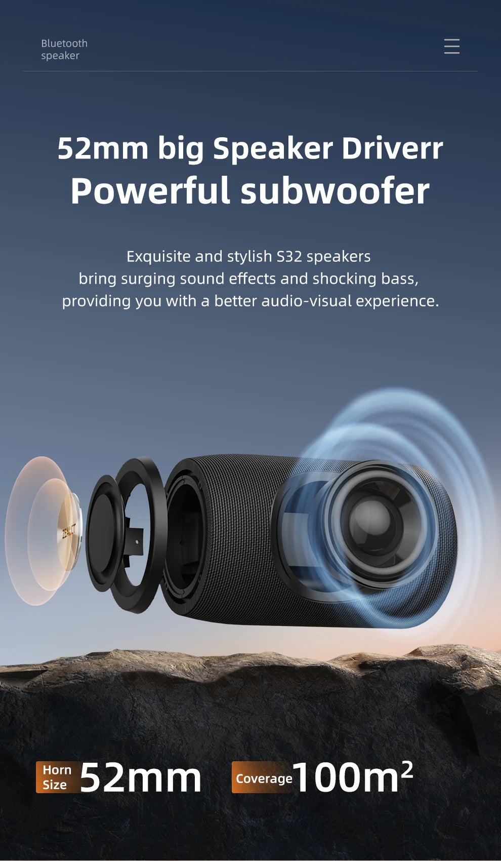 ZEALOT-S32 Mini altavoz portátil Bluetooth HIFI Subwoofer Altavoz inalámbrico con columna de radio FM Compatible con TF, TWS, USB
