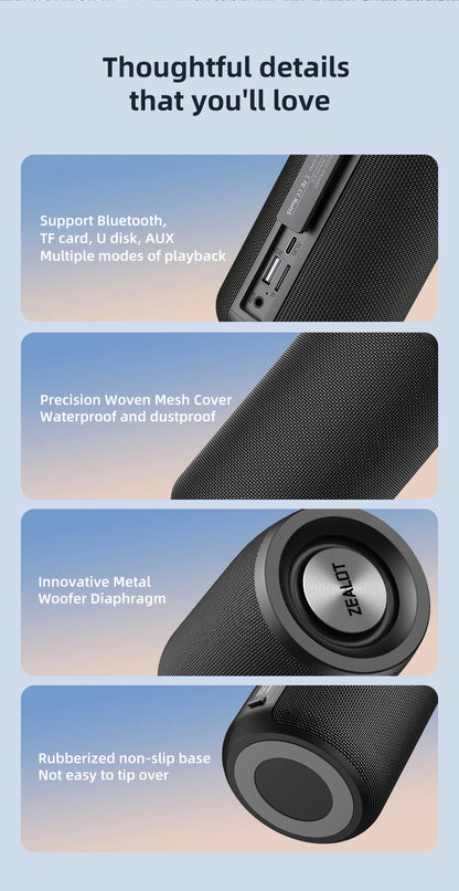 ZEALOT-S32 Mini altavoz portátil Bluetooth HIFI Subwoofer Altavoz inalámbrico con columna de radio FM Compatible con TF, TWS, USB